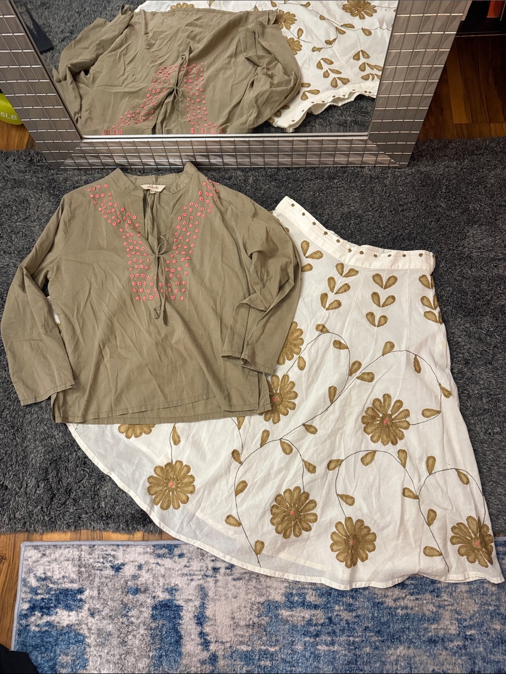 Boho Floral Embroidered White Maxi Skirt & Green Top Set - Cream & Green